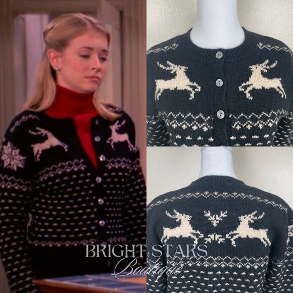 Rare Reindeer Cardigan ASO Sabrina The Teenage Witch Black Cream Vintage Holiday - Picture 3 of 10